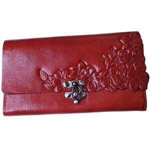Patricia Nash "Terresa" Tri-Fold Wallet Clutch Red Leather Tooled Floral Design